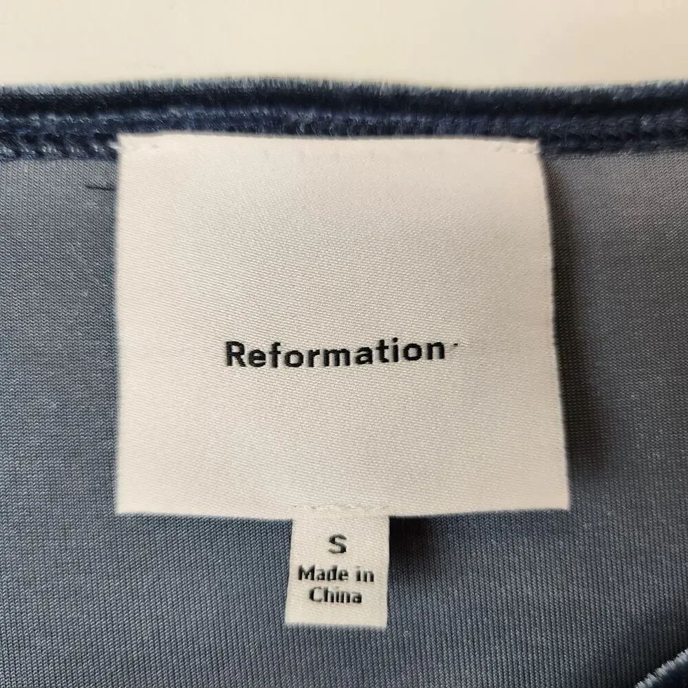 Reformation Jaelynn Mini Dress Blue Velvet Long Sleeve SMALL Boat Neck - Picture 6 of 7